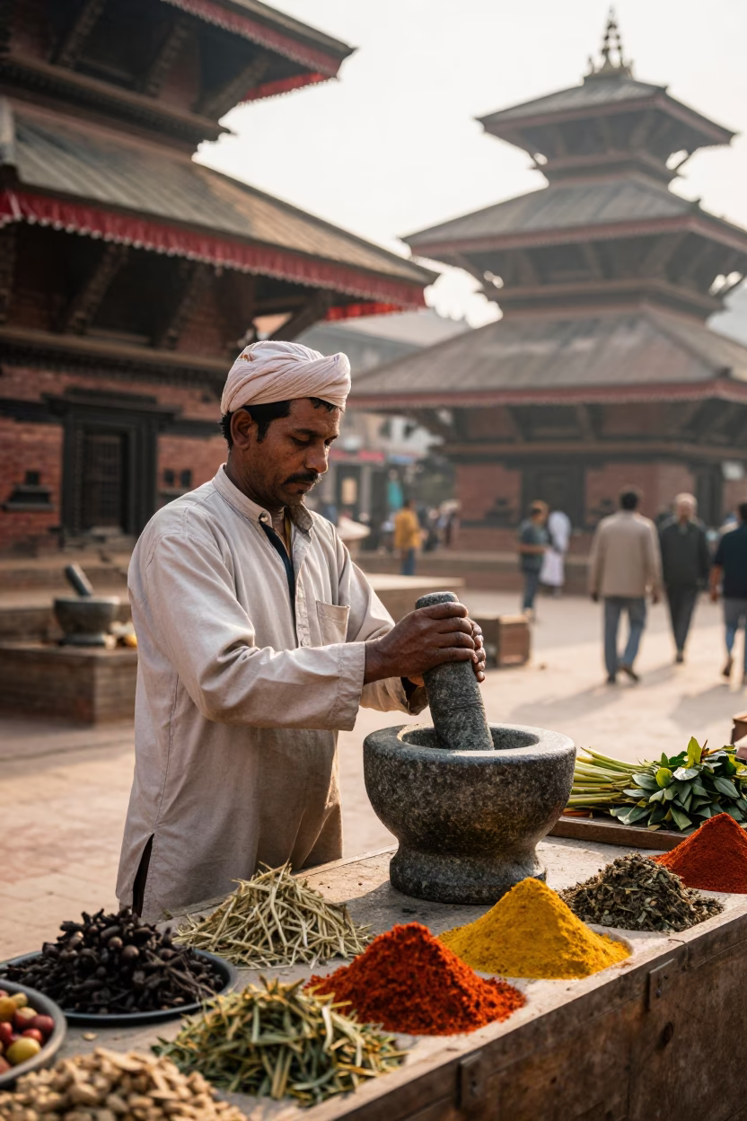 Late Morning Street Scene in Kathmandu Nepal with Mortar and Pestle in in Kathmandu, Nepal