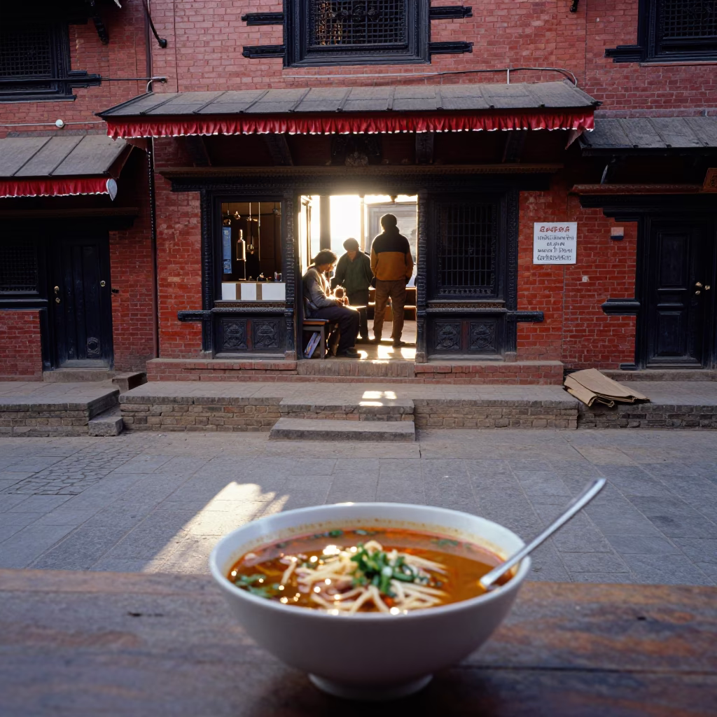 Late Morning Street Scene in Kathmandu Nepal with Thukpa Bowl and Local Life in in Kathmandu, Nepal