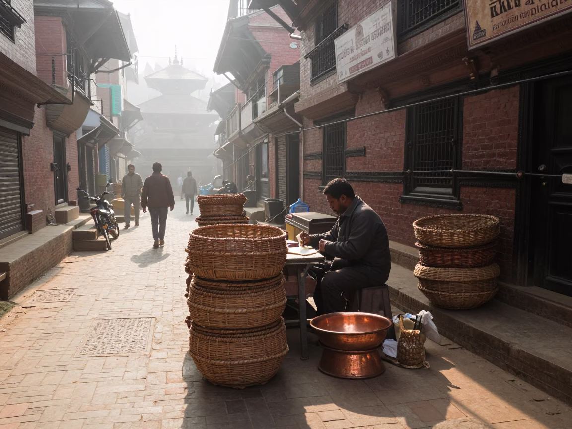 Late Morning Street Scene in Kathmandu Nepal with Woven Baskets and Copper Bowls in in Kathmandu, Nepal