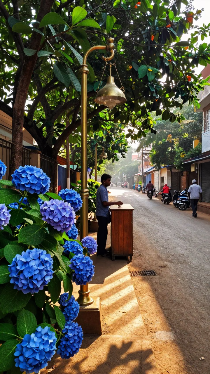 Late Morning Street Scene in Kochi India with Blue Hydrangeas and Bell in in Kochi, India