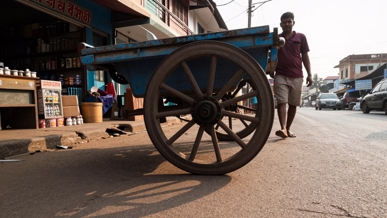 Late Morning Street Scene in Kochi India with Caster Wheel and Urban Activity in in Kochi, India