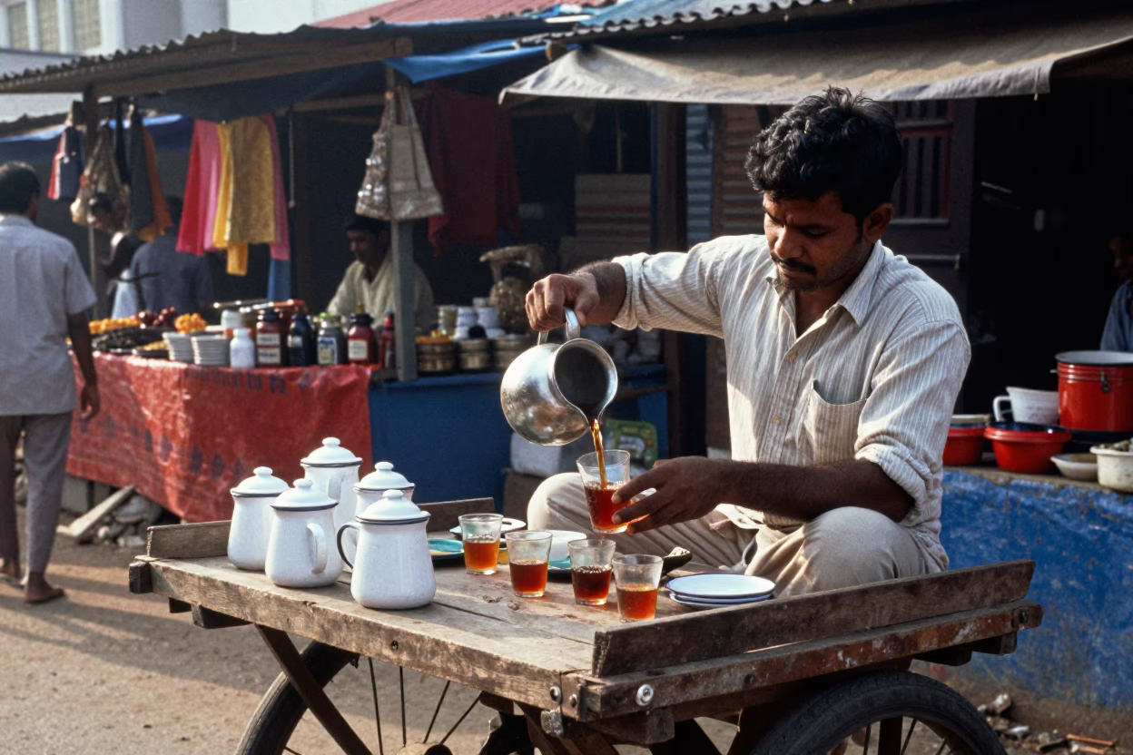 Late Morning Street Scene in Kochi India with Enamel Pitcher and Local Market Activity in in Kochi, India
