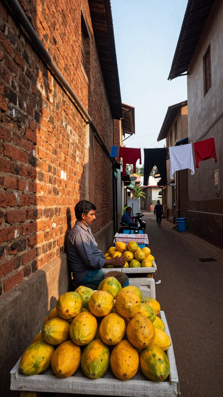 Late Morning Street Scene in Kochi India with Papayas and Laundry in in Kochi, India