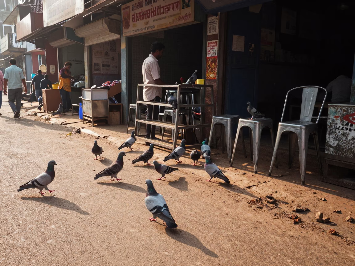 Late Morning Street Scene in Kochi India with Pigeons and Hammered Metal in in Kochi, India