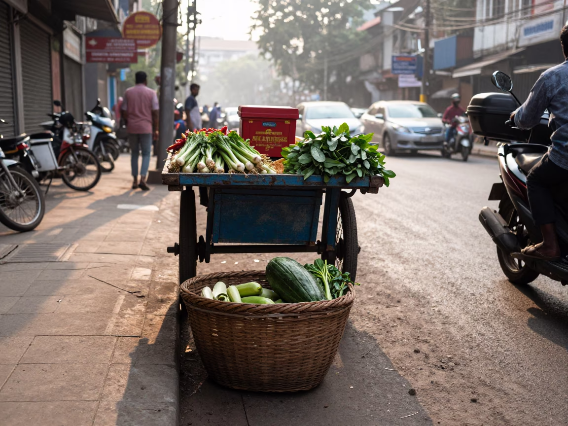 Late Morning Street Scene in Kolkata India with Basket and Hatbox in in Kolkata, India