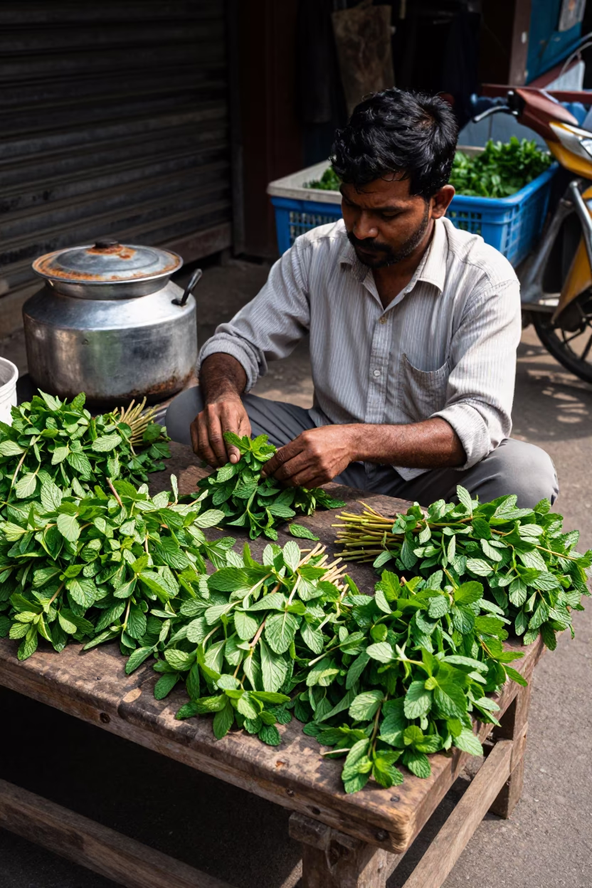 Late Morning Street Scene in Kolkata India with Mint Leaves and Rustic Pot Lid in in Kolkata, India