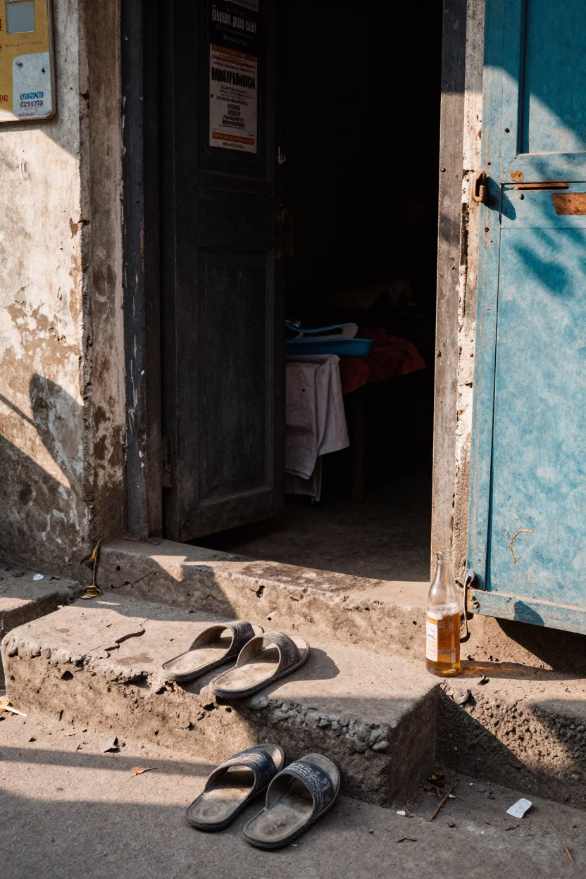 Late Morning Street Scene in Kolkata India with Slippers and Bottle in in Kolkata, India