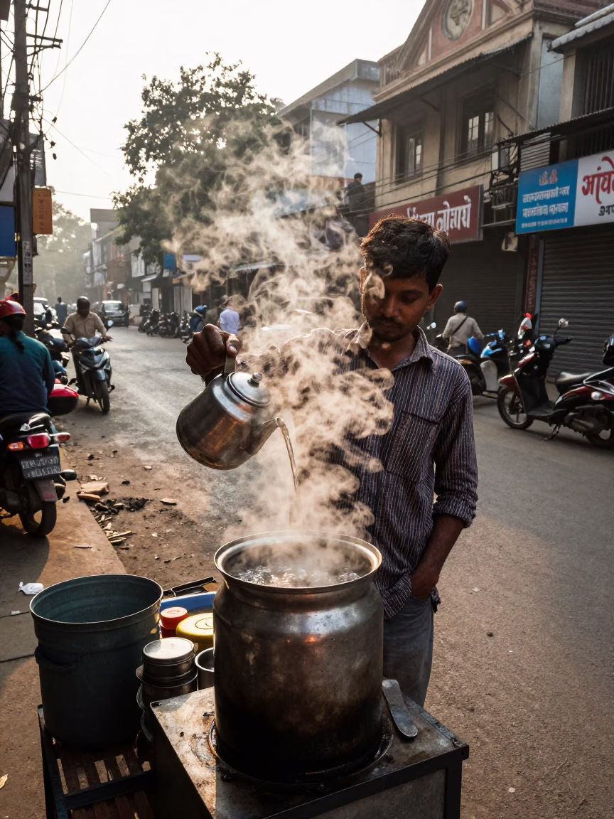 Late Morning Street Scene in Kolkata India with Tea Vendor and Carafe in in Kolkata, India