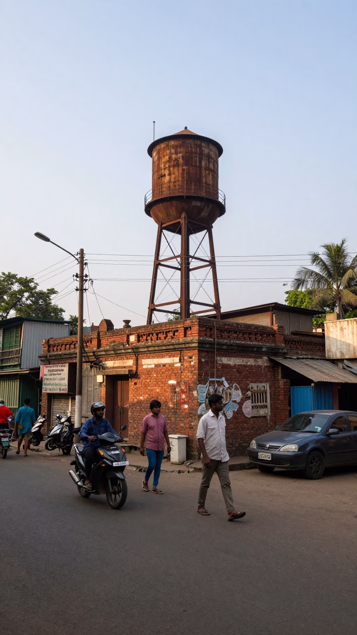 Late Morning Street Scene in Kolkata India with Water Tower and Tea Stains in in Kolkata, India