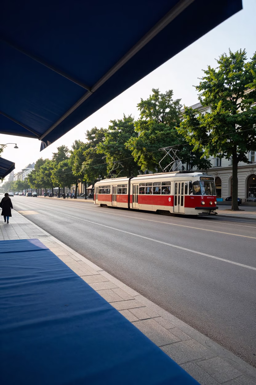 Late Morning Street Scene in Krakow Poland with Tramcar on Tree Lined Boulevard in in Krakow, Poland
