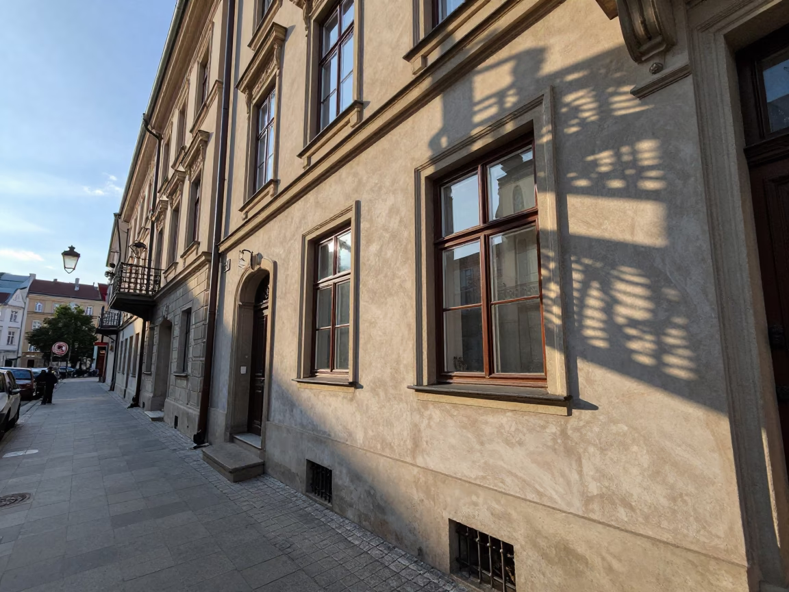 Late Morning Street Scene in Krakow Poland with Wicker Shadow on Window Glass in in Krakow, Poland