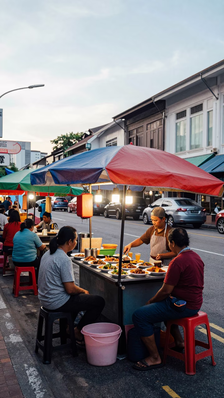 Late Morning Street Scene in Kuala Lumpur Malaysia with Colorful Local Vendors and Traffic in in Kuala Lumpur, Malaysia
