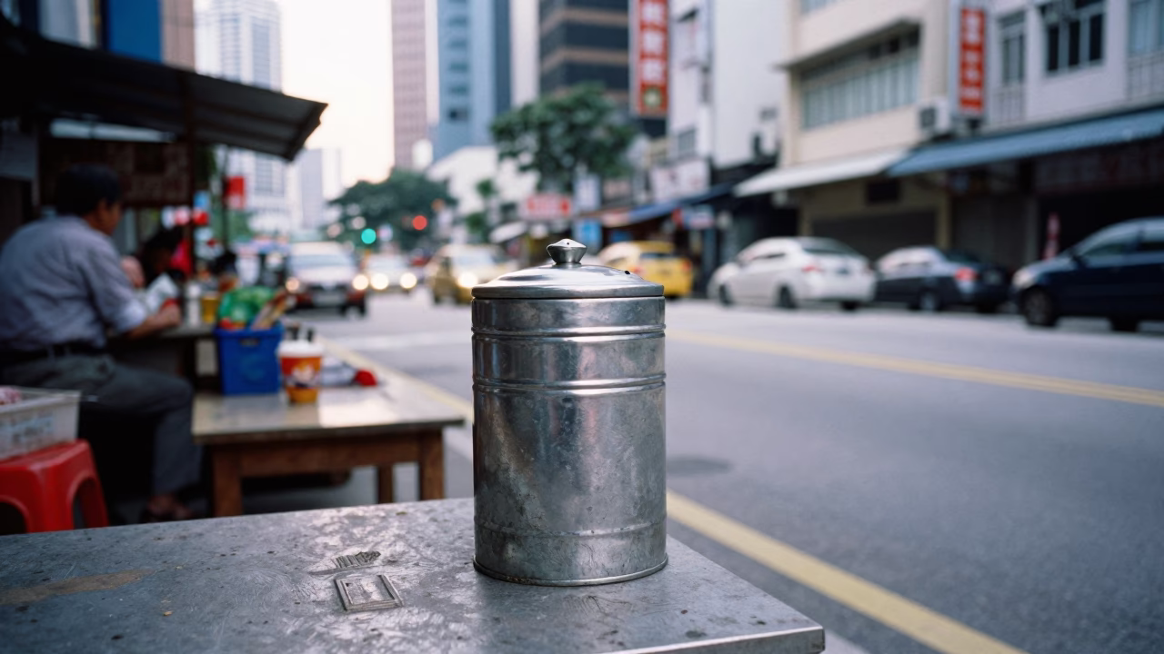 Late Morning Street Scene in Kuala Lumpur Malaysia with Tea Tin and Slippers in in Kuala Lumpur, Malaysia