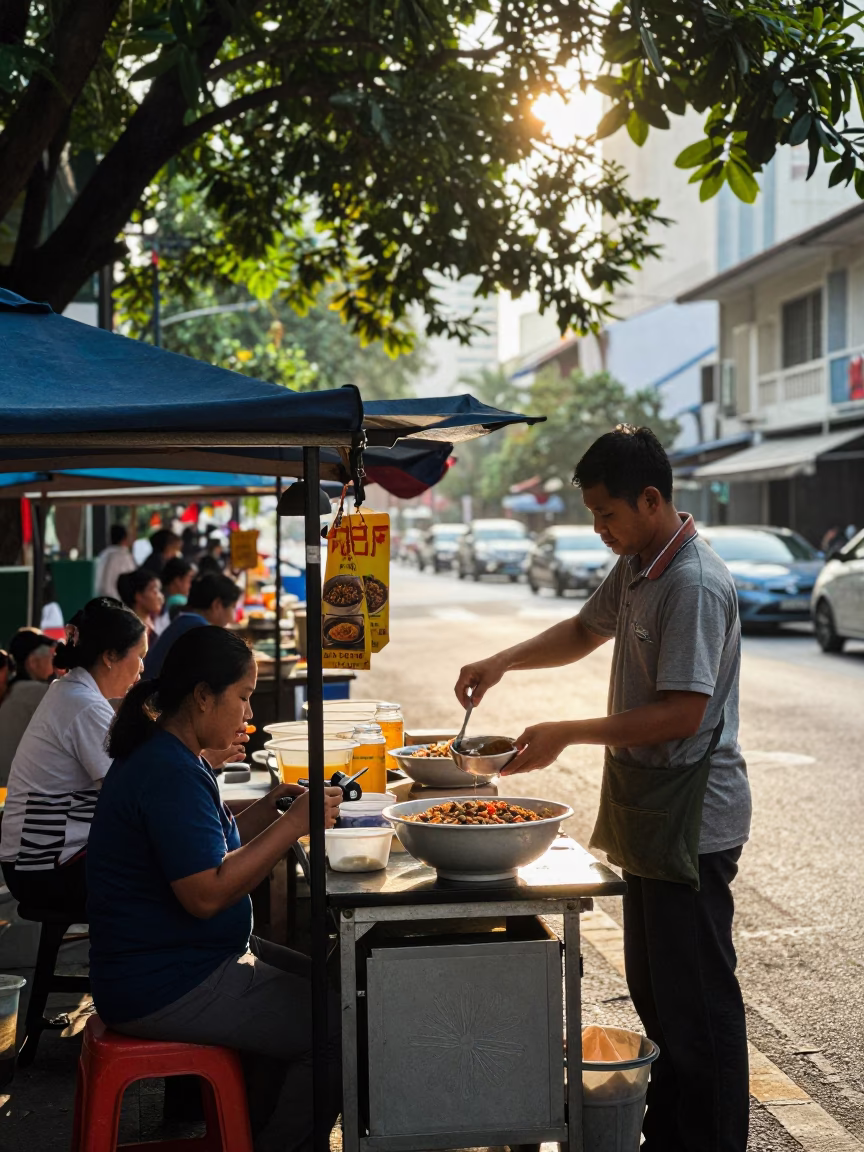 Late Morning Street Scene in Kuala Lumpur Malaysia with Traditional Food and Local Interaction in in Kuala Lumpur, Malaysia