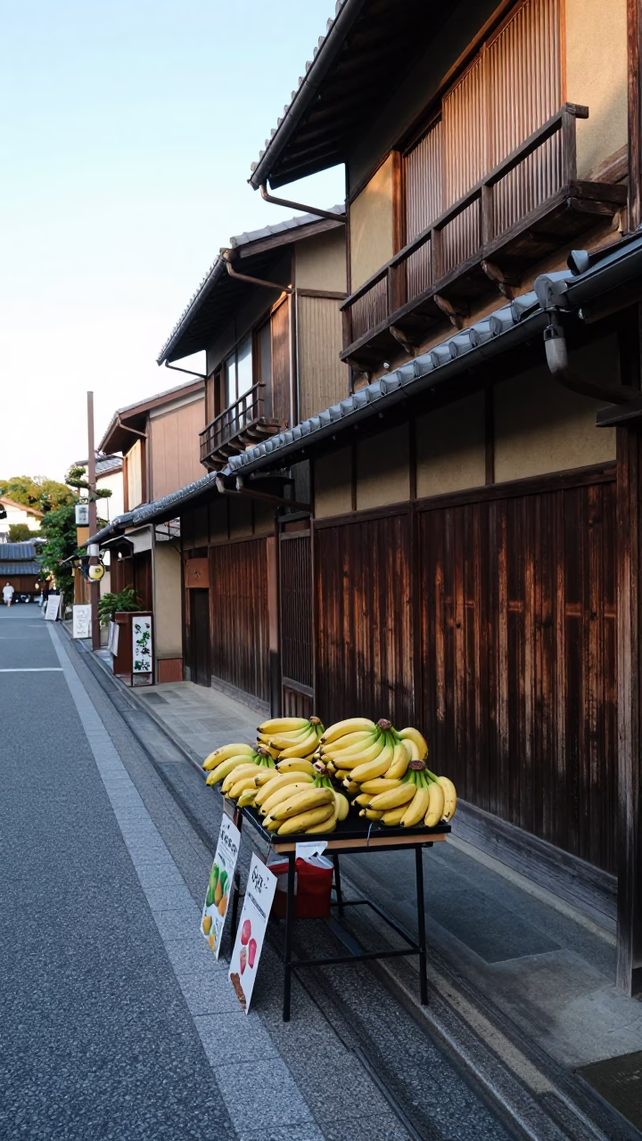 Late Morning Street Scene in Kyoto Japan with Bananas and Local Shop Details in in Kyoto, Japan