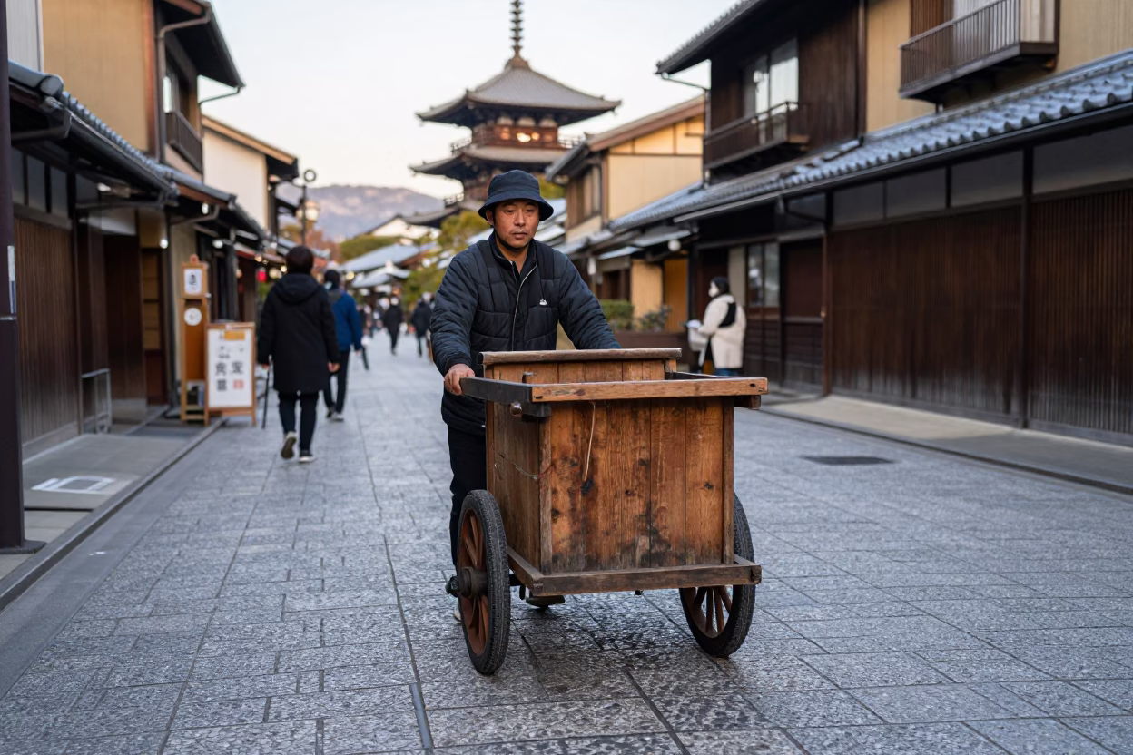 Late Morning Street Scene in Kyoto Japan with Rolling Carts and Traditional Shopfronts in in Kyoto, Japan