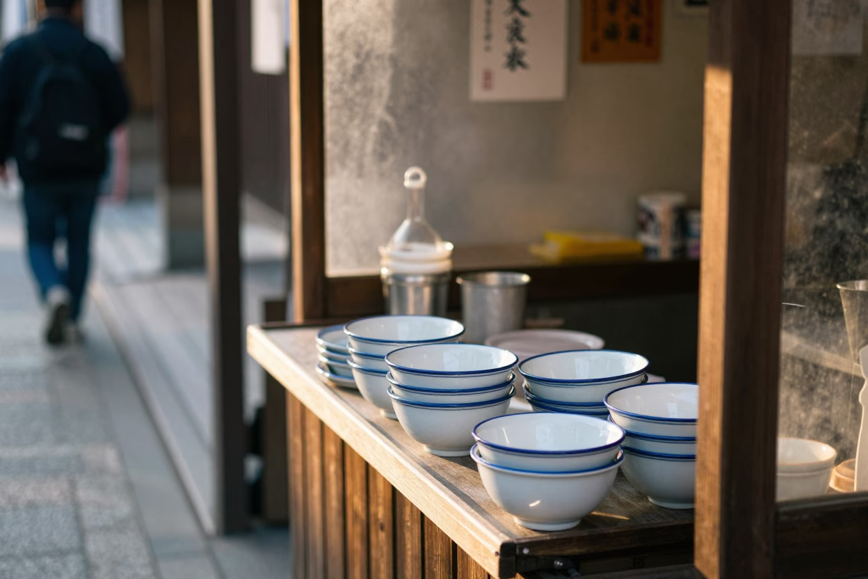 Late Morning Street Scene in Kyoto Japan with Traditional Ceramic Bowls and Urban Details in in Kyoto, Japan