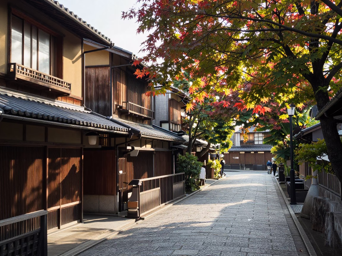 Late Morning Street Scene in Kyoto Japan with Traditional Teahouse and Pedestrians in in Kyoto, Japan