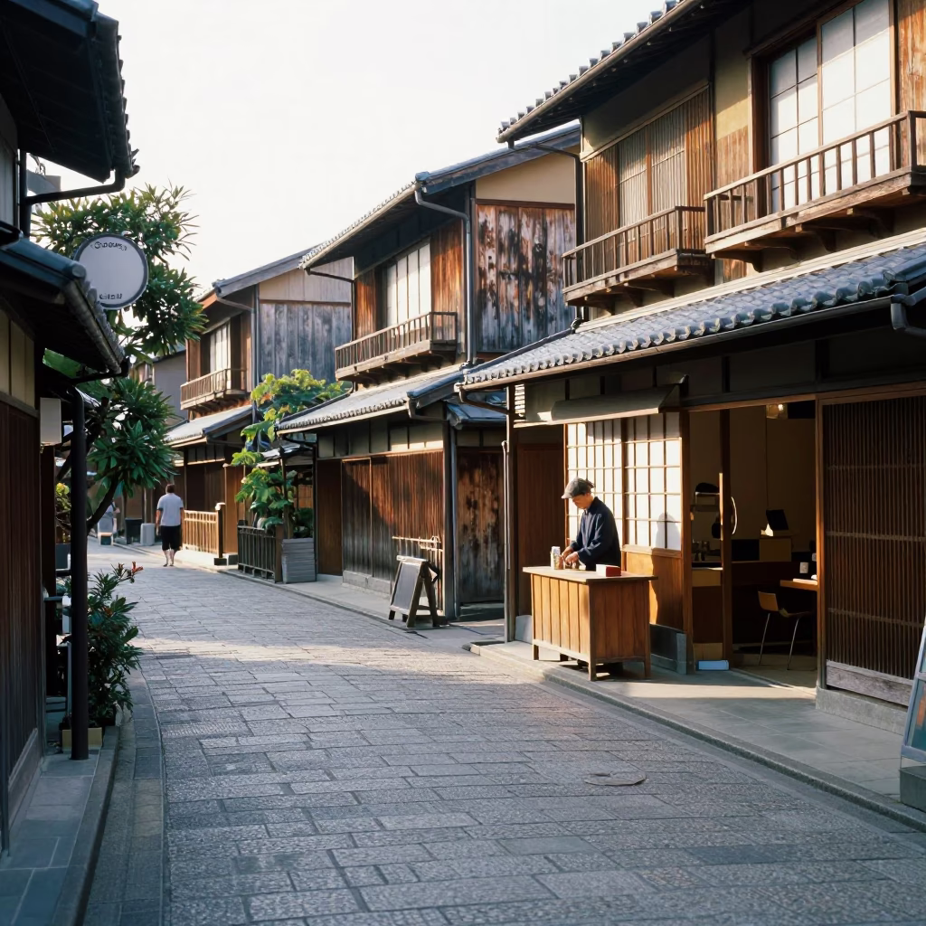 Late Morning Street Scene in Kyoto Japan with Traditional Wooden Facades and Daily Life in in Kyoto, Japan