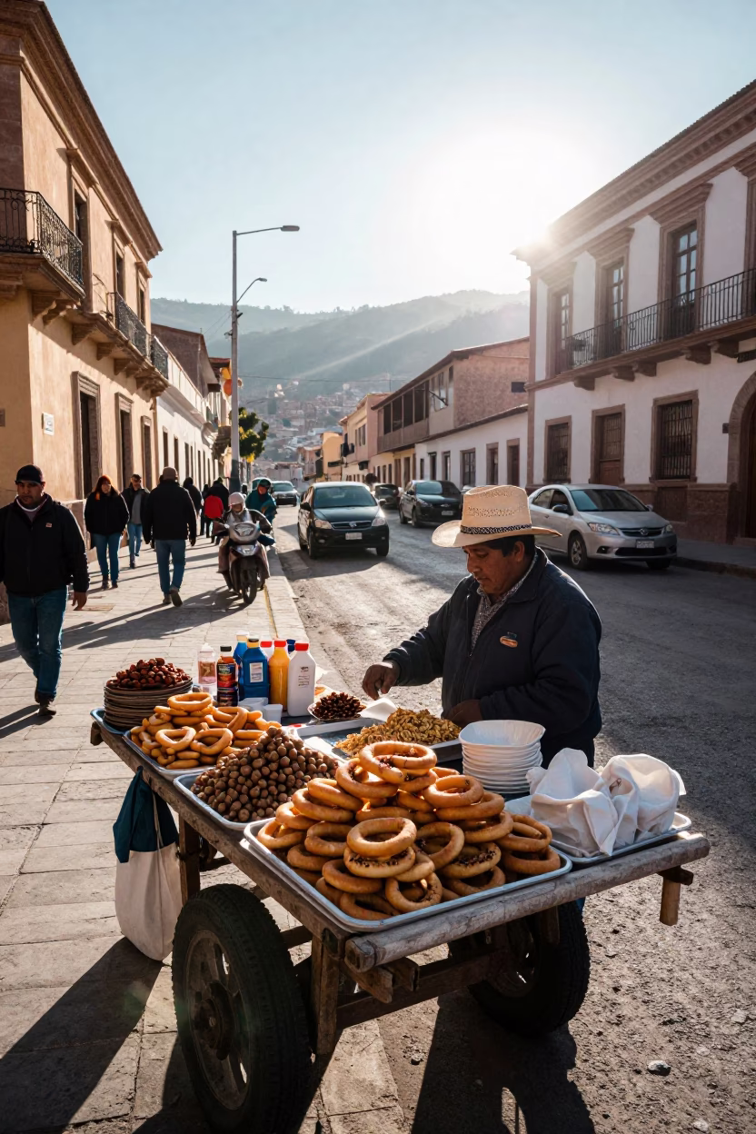 Late Morning Street Scene in La Paz Bolivia with Local Vendor and Traditional Foods in in La Paz, Bolivia