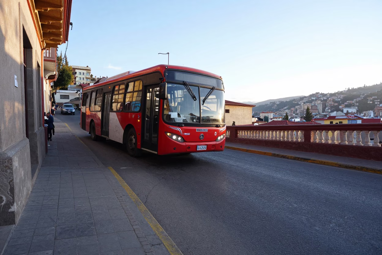 Late Morning Street Scene in La Paz Bolivia With Red Bus And Mountain Backdrop in in La Paz, Bolivia