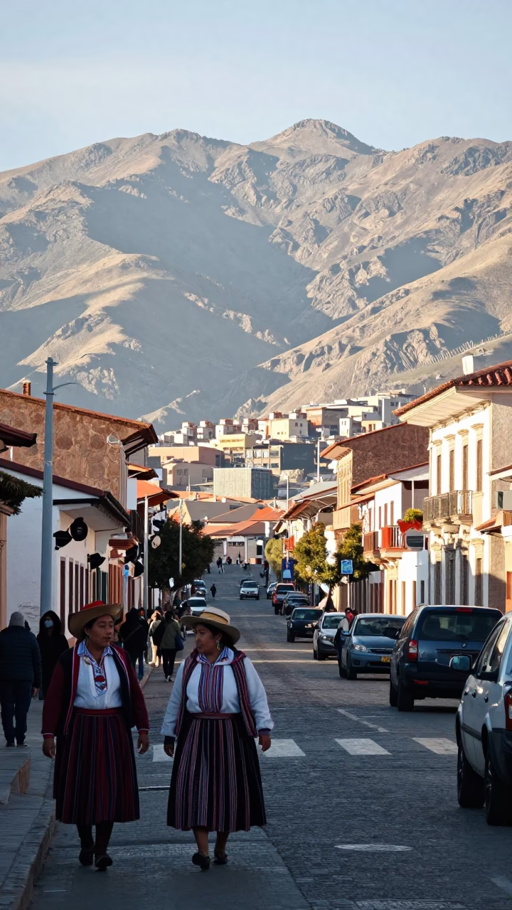 Late morning street scene in La Paz Bolivia with traditional clothing and urban architecture in in La Paz, Bolivia