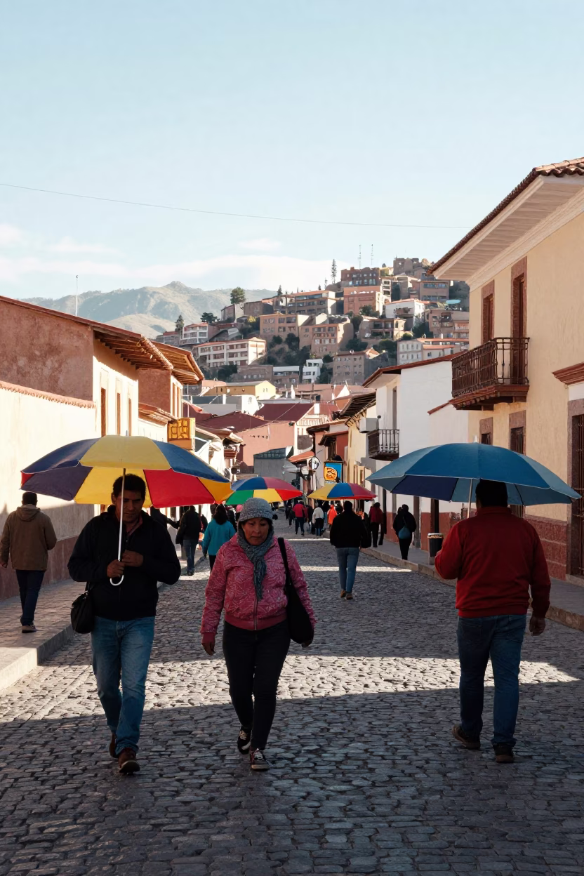Late Morning Street Scene in La Paz Bolivia With Umbrellas and Local Life in in La Paz, Bolivia