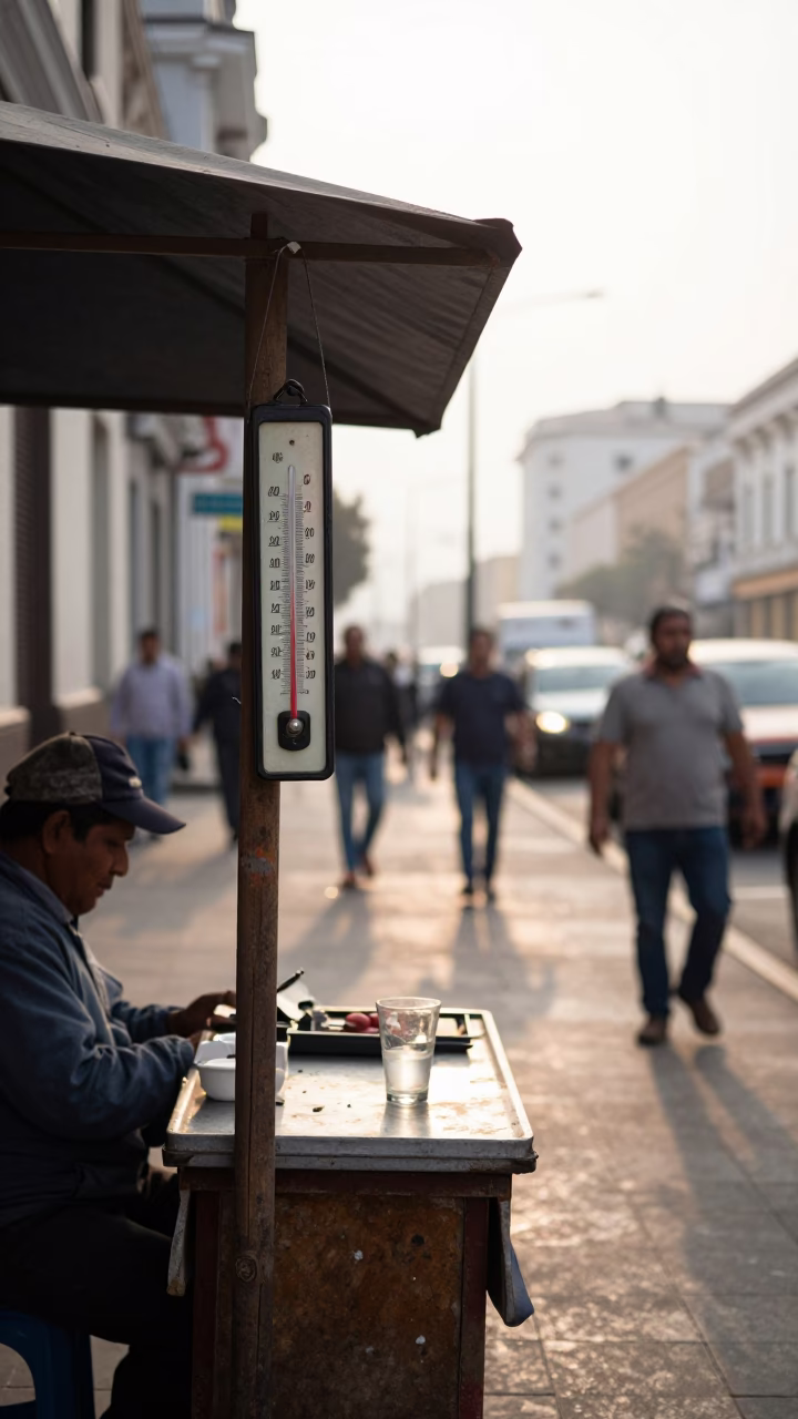Late Morning Street Scene in Lima Peru with Thermometer and Glass Bucket in in Lima, Peru
