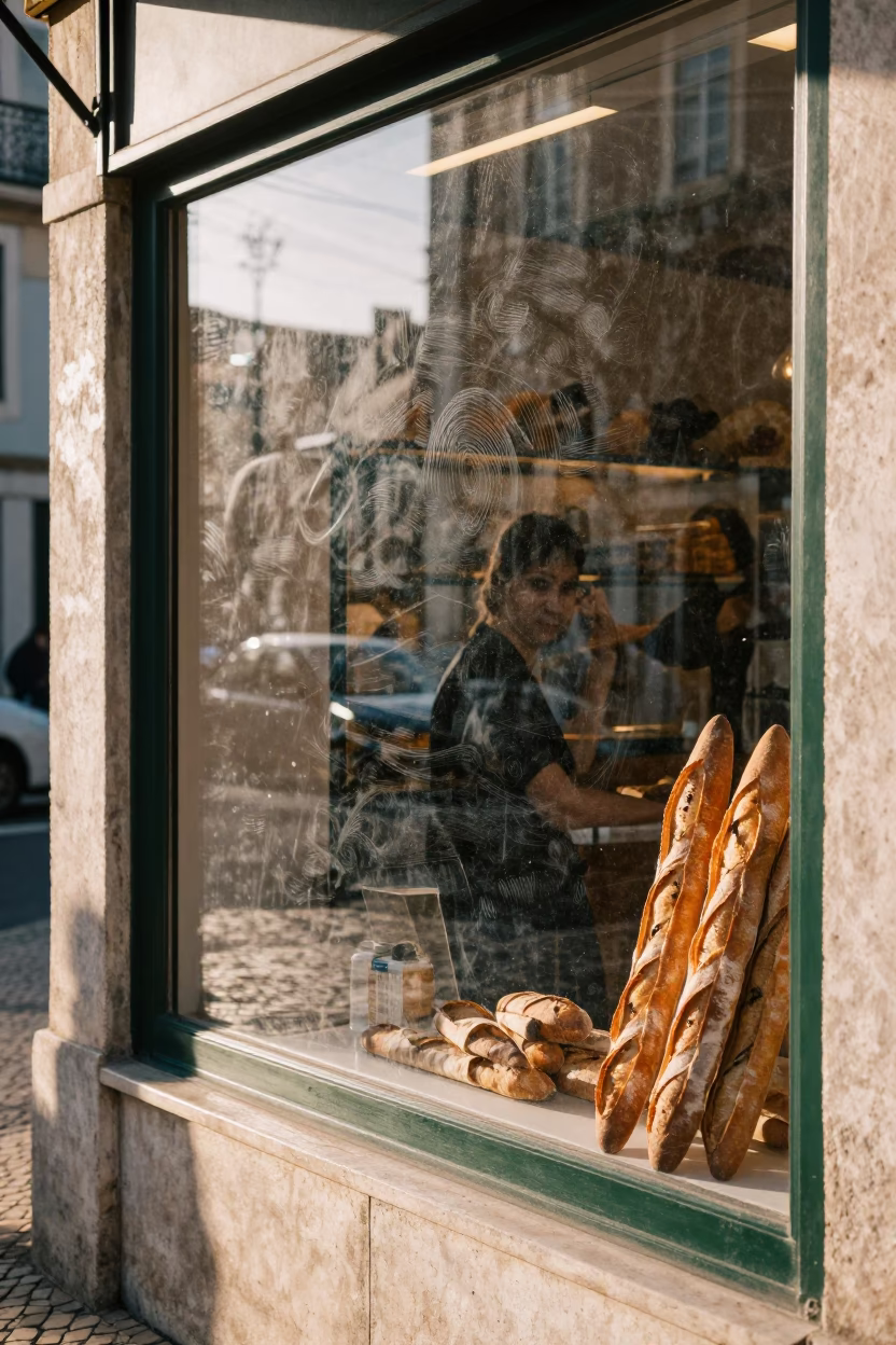 Late Morning Street Scene in Lisbon Portugal with Baguettes and Window Smudges in in Lisbon, Portugal