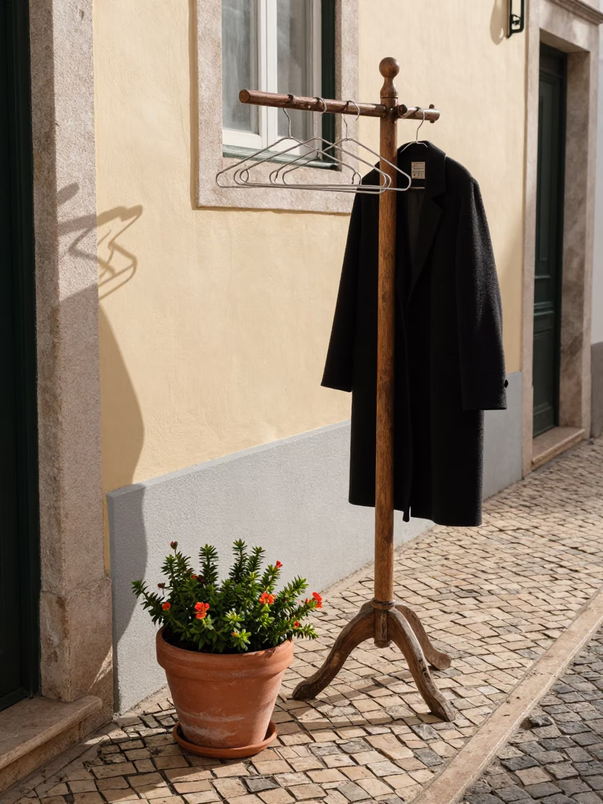 Late Morning Street Scene in Lisbon Portugal with Flowerpot and Coat Stand in in Lisbon, Portugal