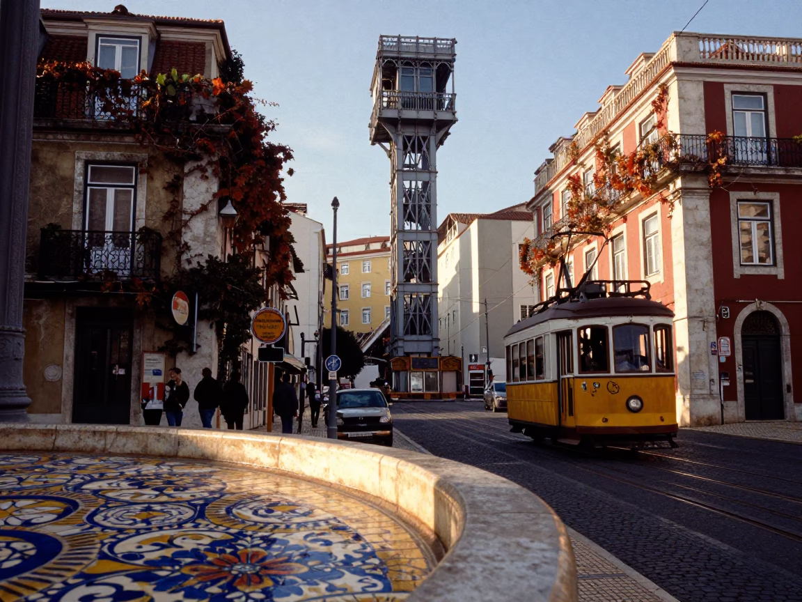 Late Morning Street Scene in Lisbon Portugal with Funicular and Local Details in in Lisbon, Portugal