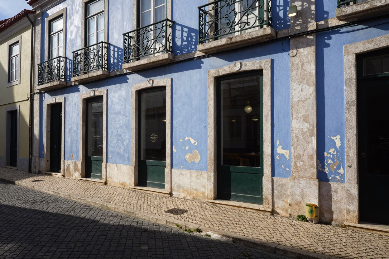 Late Morning Street Scene in Lisbon Portugal with Local Cafe Details in in Lisbon, Portugal