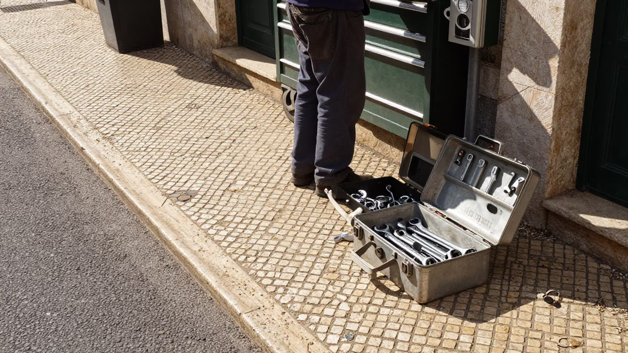 Late Morning Street Scene in Lisbon Portugal with Toolboxes and Local Architecture in in Lisbon, Portugal
