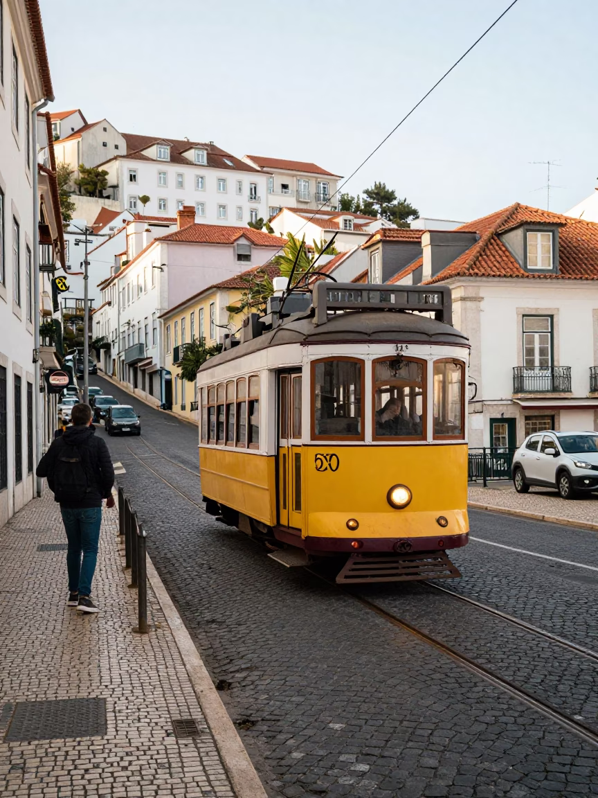 Late Morning Street Scene in Lisbon Portugal with Tram and Cobblestones in in Lisbon, Portugal