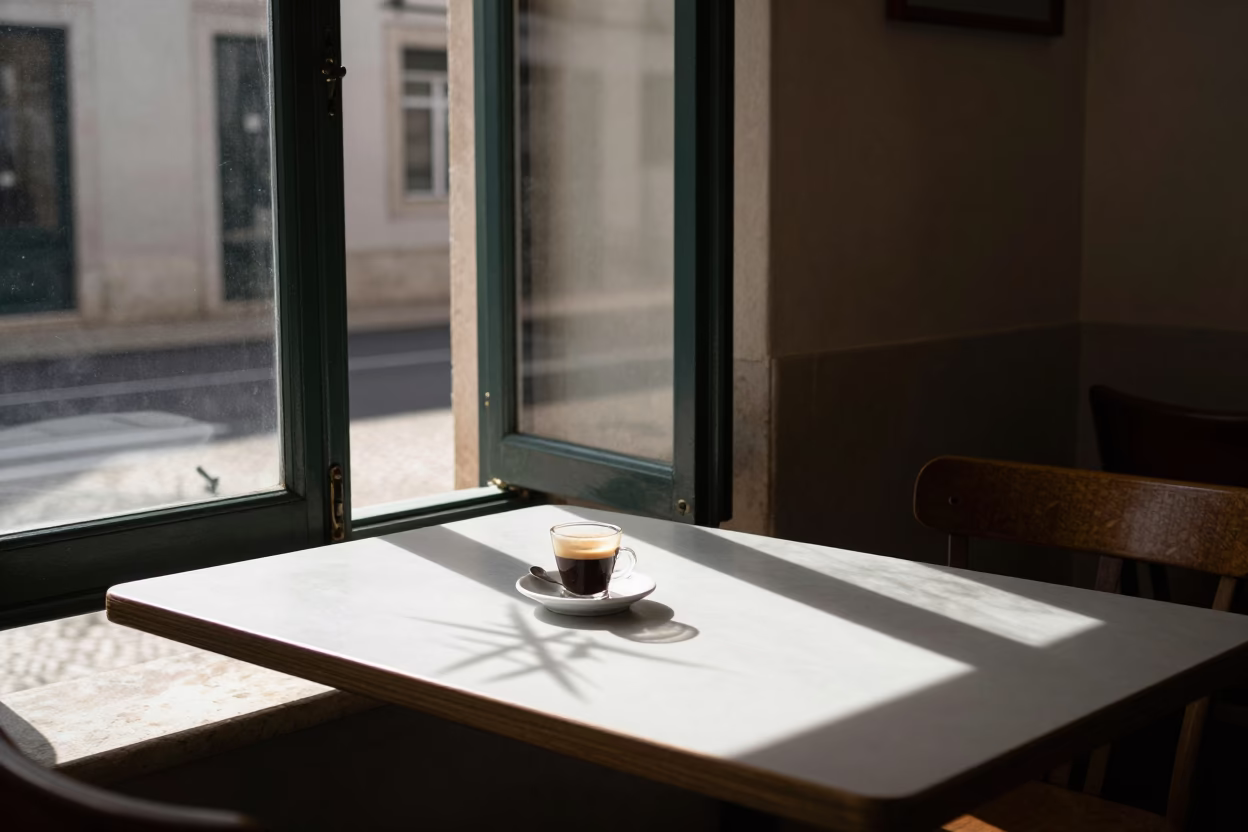 Late Morning Street Scene in Lisbon Portugal with Wicker Shadow on Countertop in in Lisbon, Portugal