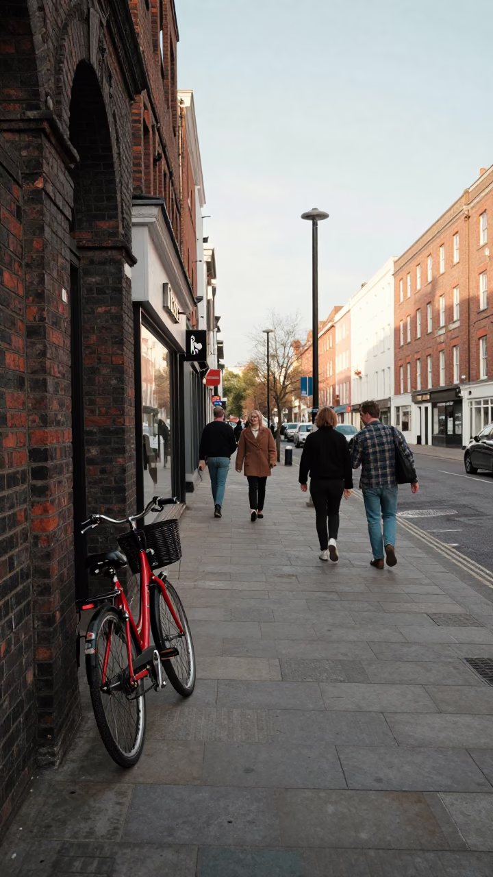 Late Morning Street Scene in Liverpool UK with Bicycle and Bakery Details in in Liverpool, United Kingdom