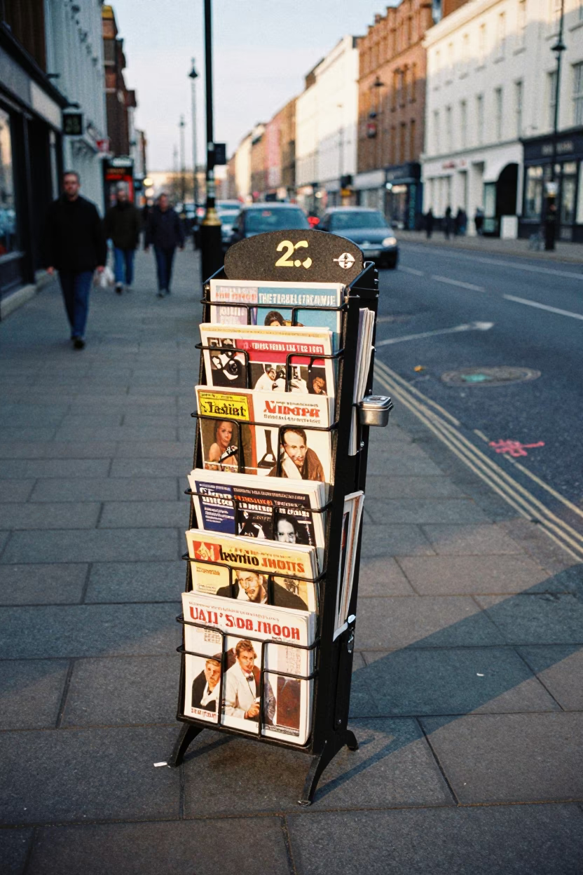 Late Morning Street Scene in Liverpool UK with Magazine Rack and Pin Tin in in Liverpool, United Kingdom