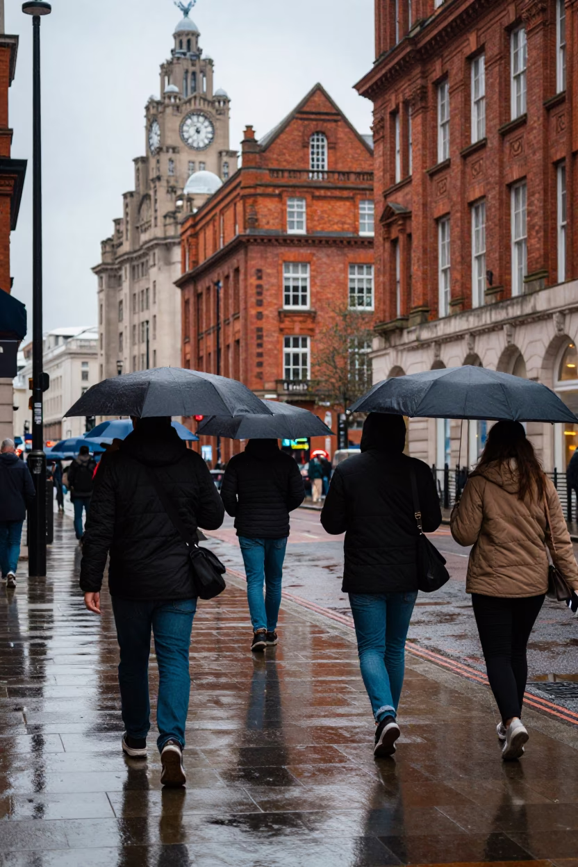 Late Morning Street Scene in Liverpool UK with Umbrellas and Urban Details in in Liverpool, United Kingdom