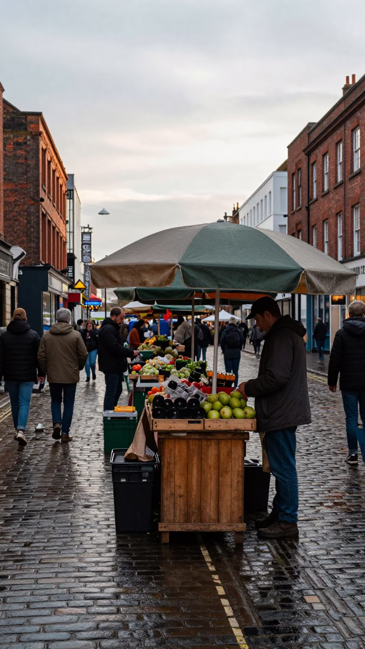 Late Morning Street Scene in Liverpool UK with Vintage Market Stall and Local Interaction in in Liverpool, United Kingdom