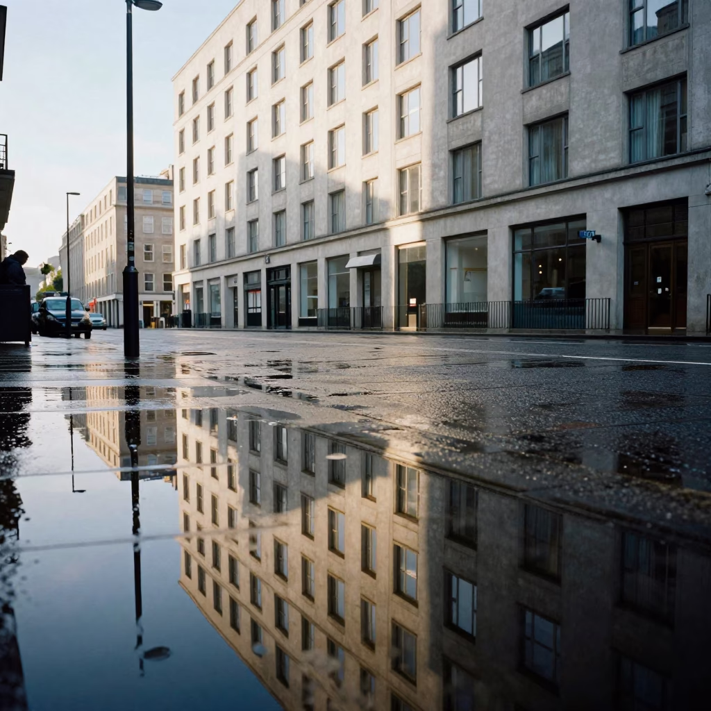 Late Morning Street Scene in Liverpool United Kingdom Puddle Reflection in in Liverpool, United Kingdom