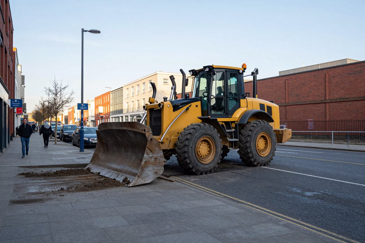 Late Morning Street Scene in Liverpool United Kingdom with Bulldozer and Construction Activity in in Liverpool, United Kingdom