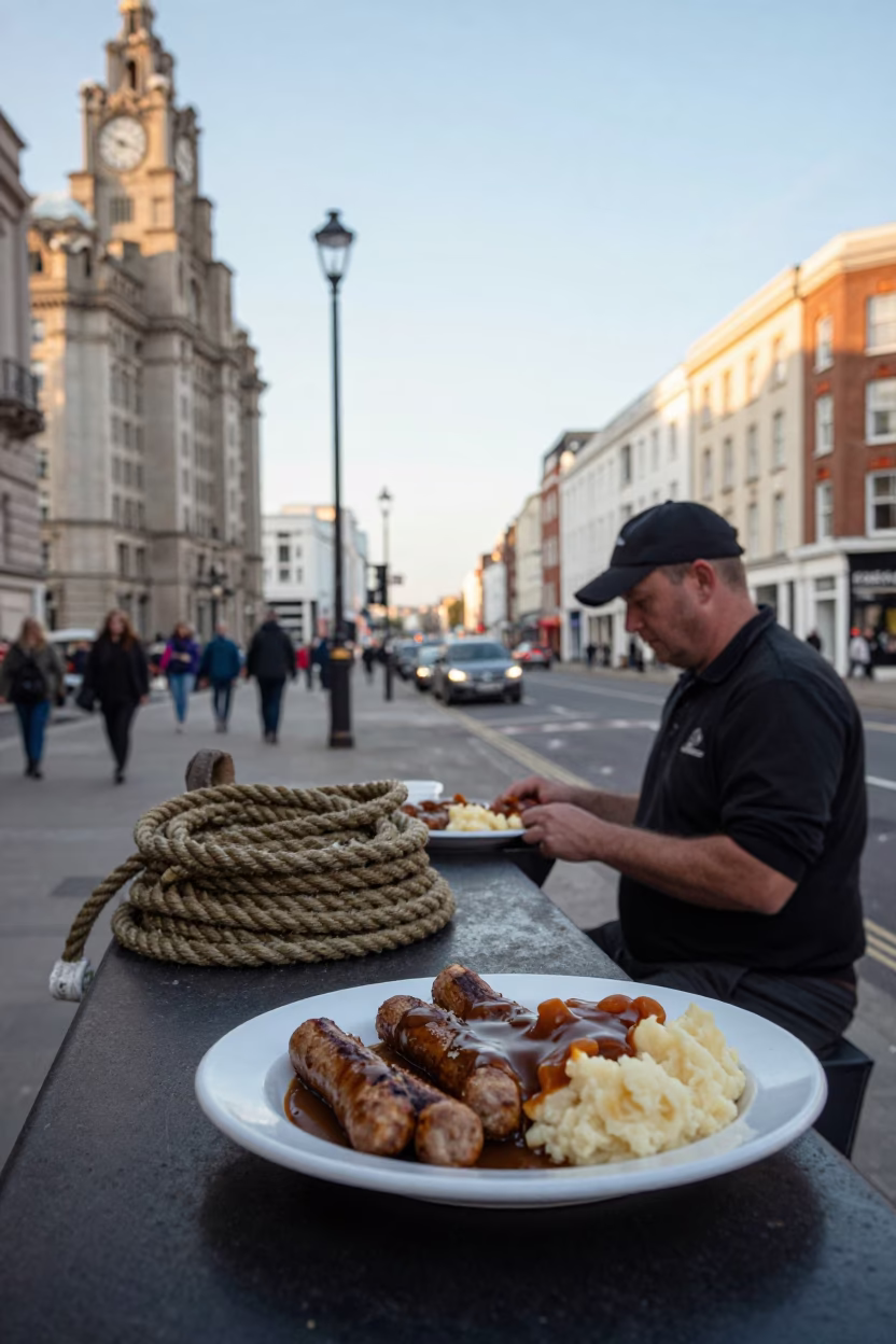 Late Morning Street Scene in Liverpool United Kingdom with Coiled Rope and Bangers Mash in in Liverpool, United Kingdom