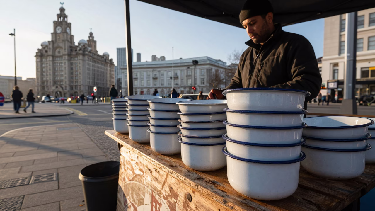 Late Morning Street Scene in Liverpool United Kingdom with Enamel Bowls and Urban Details in in Liverpool, United Kingdom