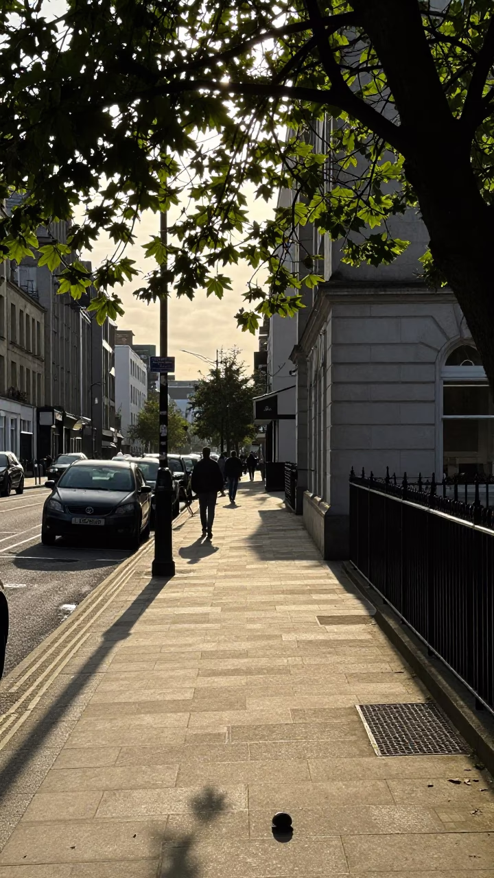 Late Morning Street Scene in Liverpool United Kingdom with Leaf Shadows and Table Fan in in Liverpool, United Kingdom