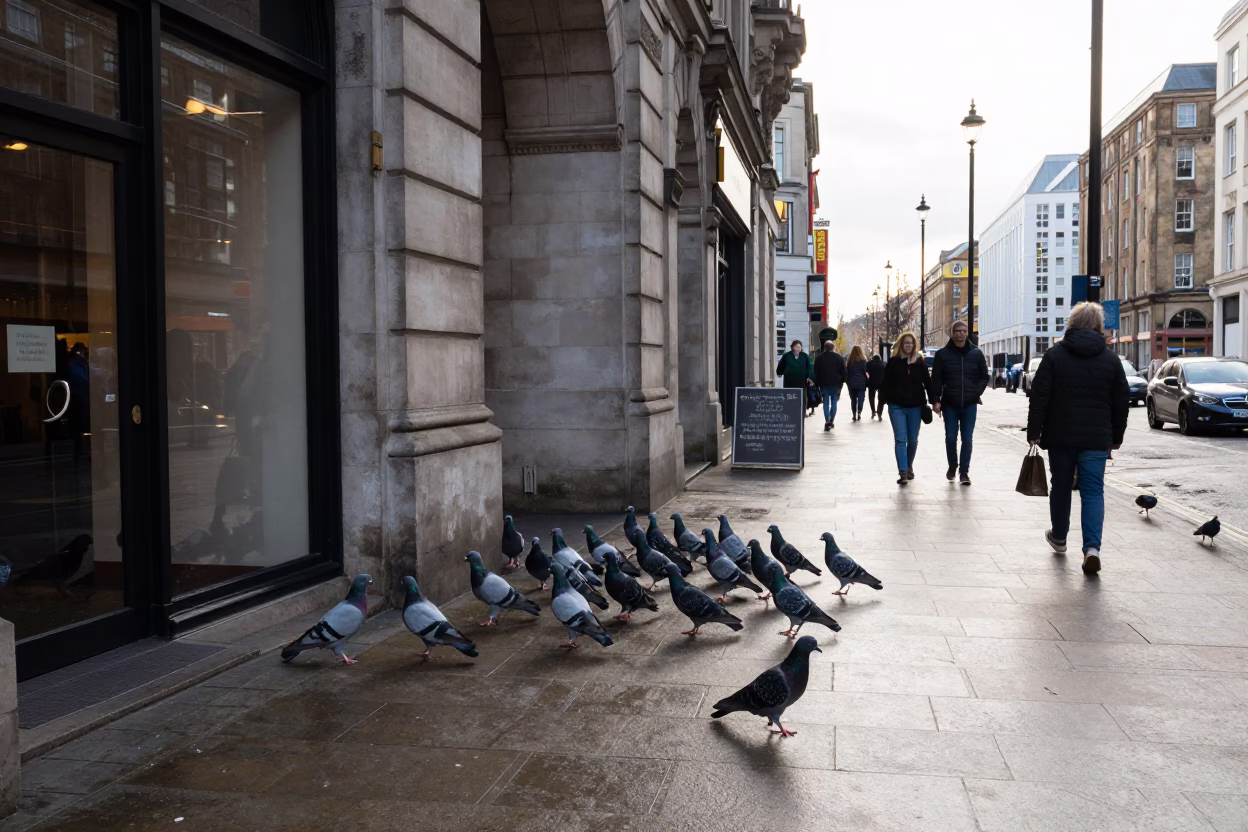 Late Morning Street Scene in Liverpool United Kingdom with Pigeons and Urban Architecture in in Liverpool, United Kingdom