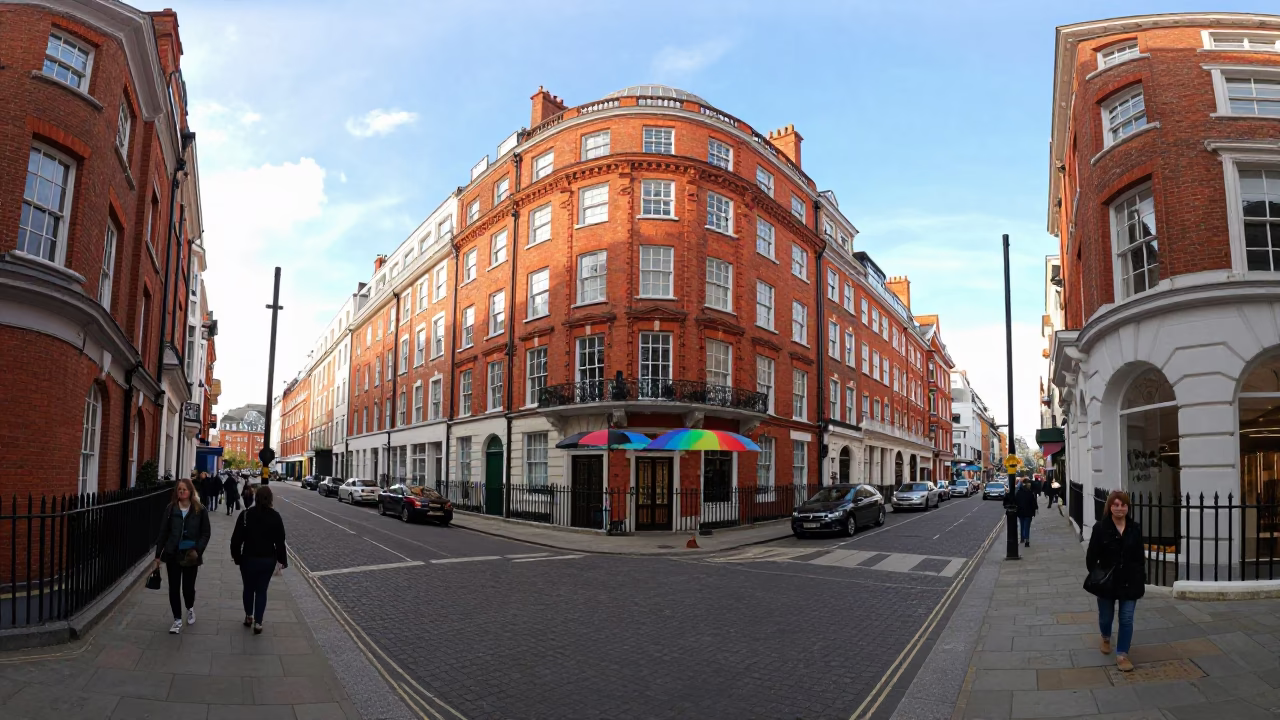 Late Morning Street Scene in London With Colorful Umbrellas and Brick Buildings in in London, United Kingdom