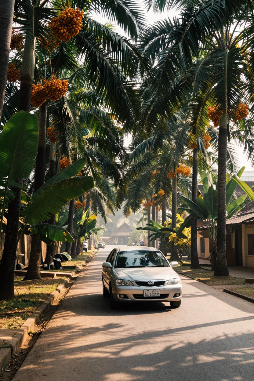 Late Morning Street Scene in Luang Prabang Laos with Date Palms and Local Traffic in in Luang Prabang, Laos