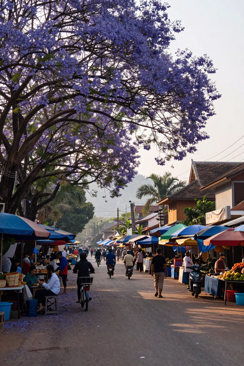 Late Morning Street Scene in Luang Prabang Laos with Local Market Activity in in Luang Prabang, Laos
