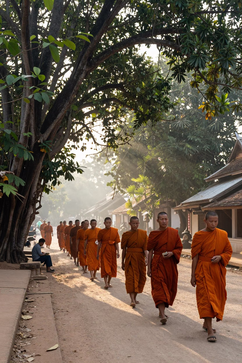 Late Morning Street Scene in Luang Prabang Laos with Monks and Tea Infuser Spoon in in Luang Prabang, Laos
