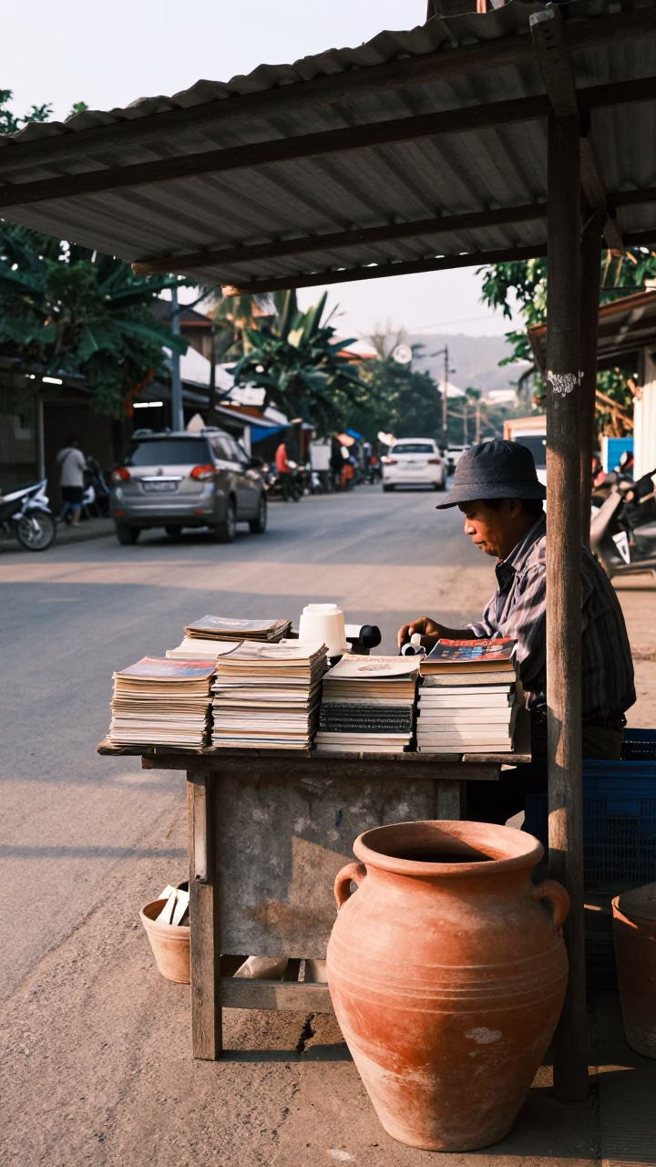 Late Morning Street Scene in Luang Prabang Laos with Terracotta Pot and Paperbacks in in Luang Prabang, Laos